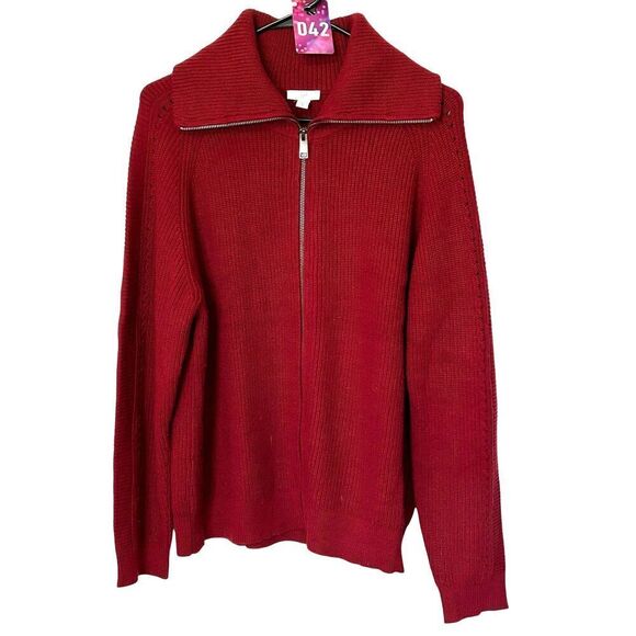 J.Jill Garnet Red Ribbed Knit Stretch Full Zip Sweater Jacket Sz. M, - Picture 1 of 7